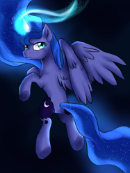 Size: 886x1182 | Tagged: safe, artist:not-ordinary-pony, princess luna, alicorn, pony, female, glowing horn, looking back, magic, mare, missing accessory, rear view, serious, serious face, solo, underhoof