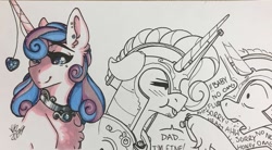 Size: 1280x708 | Tagged: safe, artist:nightmare-moons-throneroom, princess flurry heart, shining armor, pony, unicorn, bandaid, bruised, chest fluff, dialogue, ear piercing, earring, female, floppy ears, helmet, horn jewelry, injured, jewelry, male, mare, older, older flurry heart, overprotective, overprotective armor, peytral, piercing, simple background, smiling, stallion, tongue out, white background