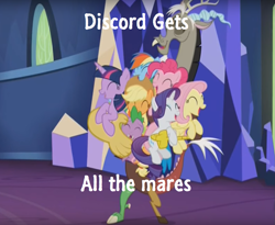 Size: 1173x961 | Tagged: safe, derpibooru import, applejack, discord, fluttershy, pinkie pie, rainbow dash, rarity, spike, twilight sparkle, twilight sparkle (alicorn), alicorn, dragon, earth pony, pegasus, pony, unicorn, what about discord?, discord gets all the mares, female, group hug, hug, mane seven, mane six, mare