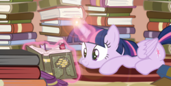 Size: 1920x966 | Tagged: safe, derpibooru import, screencap, twilight sparkle, twilight sparkle (alicorn), alicorn, pony, pinkie apple pie, book, female, mare, reading, solo, that pony sure does love books