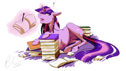 Size: 3200x1800 | Tagged: safe, artist:cabbion, derpibooru import, twilight sparkle, bangs, book, glowing horn, hair over eyes, magic, pen, solo, telekinesis