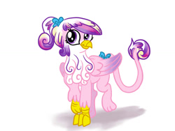 Size: 1024x768 | Tagged: safe, artist:kuromi, princess cadance, griffon, bow, chest fluff, cute, cutedance, fluffy, griffonized, hair bow, looking at you, ponytail, raised hoof, raised leg, simple background, smiling, solo, species swap, tail bow, teen princess cadance, white background