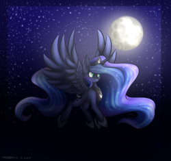 Size: 2000x1883 | Tagged: safe, artist:kailast, princess luna, alicorn, pony, flying, moon, night, solo, stars