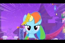 Size: 960x640 | Tagged: safe, rainbow dash, pegasus, pony, blue coat, clothes, dress, female, mare, multicolored mane, solo, youtube link