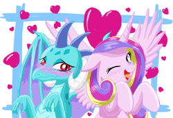 Size: 1045x710 | Tagged: safe, artist:phoenixperegrine, princess cadance, princess ember, alicorn, pony, blushing, bust, cute, cutedance, duo, emberbetes, friendshipping, heart, one eye closed, open mouth, smiling, spread wings, tongue out, wings, wink