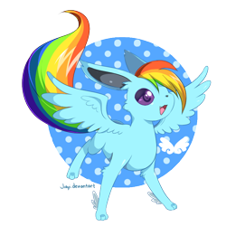 Size: 750x750 | Tagged: safe, artist:jiayi, rainbow dash, oc, oc:rainbow eevee, pegasus, pony, abstract background, eevee, eeveelution, pokefied, pokémon, solo, spread wings, wings