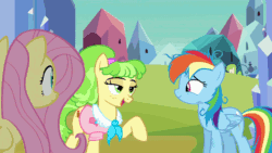 Size: 1920x1080 | Tagged: safe, screencap, chickadee, fluttershy, ms. peachbottom, rainbow dash, pegasus, pony, games ponies play, animated, building, clothes, crystal empire, loop, messy mane, scratches, shirt