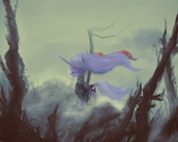 Size: 3000x2400 | Tagged: safe, artist:plotcore, princess luna, alicorn, pony, armor, clothes, dead tree, eyes closed, flowy mane, fog, profile, solo, tree, windswept mane