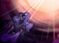 Size: 2283x1669 | Tagged: safe, artist:11-shadow, princess luna, alicorn, pony, crepuscular rays, frown, grass, sitting, solo, spread wings, sunlight, wings