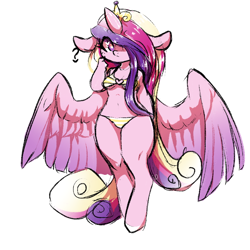 Size: 1024x1024 | Tagged: safe, artist:blastosunnydee, derpibooru exclusive, princess cadance, anthro, unguligrade anthro, belly button, bikini, clothes, colored wings, cute, cutedance, floppy ears, gradient mane, gradient wings, hair over one eye, heart eyes, midriff, request, requested art, simple background, solo, swimsuit, white background, wingding eyes