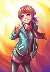 Size: 1116x1600 | Tagged: safe, artist:ninjaham, rainbow dash, abstract background, clothes, humanized, jacket, peace sign, scarf, solo