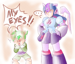 Size: 3200x2720 | Tagged: safe, artist:thegreatrouge, derpibooru import, spike, twilight sparkle, equestria girls, what about discord?, ..., armor, capcom, clothes, crossover, equestria girls interpretation, human spike, humanized, megaman, megaman x, my eyes, pleated skirt, scene interpretation, shorts, skirt, speech bubble, talking