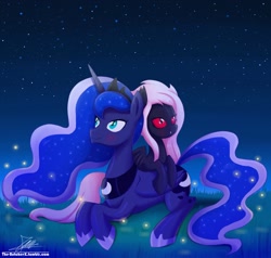 Size: 1896x1804 | Tagged: source needed, safe, artist:the-butch-x, princess luna, oc, oc:midnight ruby, bat pony, pony, blushing, canon x oc, cuddling, cute, implied lesbian, implied shipping, night, red eyes, stars