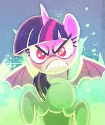 Size: 551x655 | Tagged: safe, artist:discord, derpibooru import, edit, twilight sparkle, twilight sparkle (alicorn), alicorn, pony, what about discord?, angry, art, bat wings, discord's painting, female, frown, glare, gritted teeth, looking at you, mare, rearing, solo, spread wings