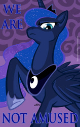 Size: 720x1140 | Tagged: safe, artist:texasuberalles, princess luna, alicorn, pony, looking at you, luna is not amused, raised hoof, reaction image, royal we, solo, stormcloud, unamused