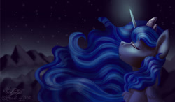 Size: 1238x722 | Tagged: safe, artist:heartlight236, artist:hidadee, princess luna, alicorn, pony, collaboration, eyes closed, glowing horn, mountain, night, solo, stars