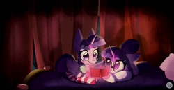 Size: 1500x780 | Tagged: safe, artist:brownie97, derpibooru import, sci-twi, twilight sparkle, twilight sparkle (alicorn), alicorn, equestria girls, bed, clothes, curtains, equestria girls ponified, glow, magic, ponified, reading, self ponidox, socks, striped socks, twolight, unicorn sci-twi