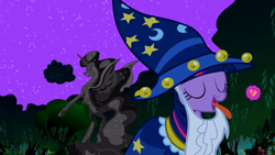 Size: 1920x1080 | Tagged: safe, derpibooru import, screencap, nightmare moon, star swirl the bearded, twilight sparkle, luna eclipsed, candy, candy corn, clothes, costume, everfree forest, eyes closed, food, magic, night, nightmare night, nightmare night costume, smiling, solo, star swirl the bearded costume, stars, statue, tongue out