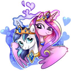 Size: 1270x1272 | Tagged: safe, artist:melodyclerenes, princess cadance, shining armor, alicorn, pony, unicorn, crown, female, heart, jewelry, male, mare, regalia, shiningcadance, shipping, simple background, stallion, straight, white background