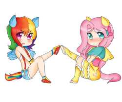 Size: 979x816 | Tagged: safe, artist:pinkiepietyme, fluttershy, rainbow dash, bandeau, belly button, chibi, clothes, dress, humanized, midriff, tailed humanization, winged humanization