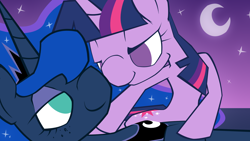 Size: 1920x1080 | Tagged: safe, artist:hackd, princess luna, twilight sparkle, alicorn, pony, fanfic, fanfic art, fanfic cover, female, lesbian, lying down, moon, night, no pupils, on back, shipping, stars, twiluna