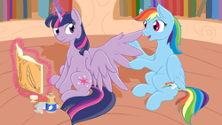 Size: 1920x1080 | Tagged: safe, artist:geomancing, rainbow dash, twilight sparkle, twilight sparkle (alicorn), alicorn, pegasus, pony, book, female, lesbian, magic, mare, shipping, spread wings, twidash