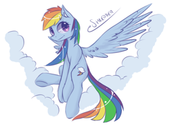 Size: 868x637 | Tagged: safe, artist:eshredder, rainbow dash, pegasus, pony, blue coat, cloud, female, mare, multicolored mane, solo