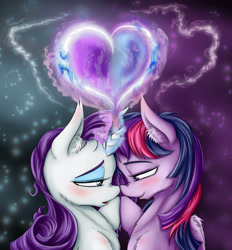 Size: 3445x3720 | Tagged: safe, artist:alcor, derpibooru import, rarity, twilight sparkle, twilight sparkle (alicorn), alicorn, pony, unicorn, bedroom eyes, blushing, boop, ear fluff, female, horns are touching, lesbian, mare, noseboop, rarilight, shipping, smiling