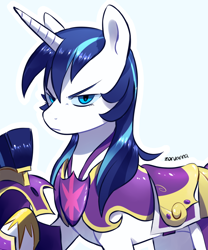 Size: 792x950 | Tagged: safe, artist:zoruanna, gleaming shield, shining armor, pony, unicorn, armor, female, glare, helmet, looking at you, mare, rule 63, scowl, signature, simple background, solo, white outline