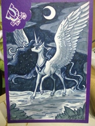 Size: 1024x1365 | Tagged: safe, artist:begasus, princess luna, alicorn, pony, cloud, crescent moon, crown, female, jewelry, large wings, mare, moon, night, raised hoof, regalia, solo, starry night, stars, traditional art, transparent moon, wings