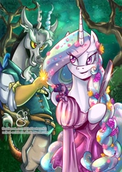 Size: 595x841 | Tagged: safe, artist:nekoi-echizen, derpibooru import, discord, princess celestia, twilight sparkle, clothes, cosplay, costume, dislestia, disney, female, flynn rider, frying pan, male, rapunzel, shipping, straight, tangled (disney)