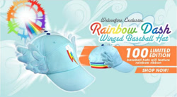 Size: 730x402 | Tagged: safe, rainbow dash, cutie mark, hat, merchandise, no pony, simple background, welovefine