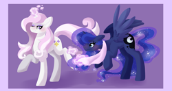 Size: 5656x3000 | Tagged: safe, artist:peachplumeria, fleur-de-lis, princess luna, alicorn, pony, unicorn, absurd resolution, blushing, crack shipping, female, fleur de lune, glowing horn, lesbian, mare, shipping, simple background, skunk stripe