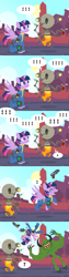 Size: 600x2400 | Tagged: safe, artist:pixelkitties, derpibooru import, twilight sparkle, twilight sparkle (alicorn), alicorn, pony, robot, comic, crossover, dead, deathclaw, fallout, fallout 4, female, gun, mare, mister handy, stimpack, weapon, x eyes