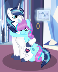 Size: 1088x1344 | Tagged: safe, artist:crystalhearts123yt, shining armor, oc, oc:crystal hearts, pony, unicorn, father and child, father and daughter, father's day, female, hug, magic, male, mare, offspring, parent and child, parent:princess cadance, parent:shining armor, parents:shiningcadance