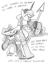 Size: 600x773 | Tagged: safe, artist:omny87, princess luna, alicorn, pony, black and white, boots, clothes, costume, futurama, galoshes, grayscale, harpoon, hat, monochrome, pencil drawing, singing, sketch, traditional art, whaler