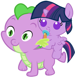 Size: 996x1028 | Tagged: safe, artist:red4567, derpibooru import, spike, twilight sparkle, twilight sparkle (alicorn), alicorn, pony, baby, baby dragon, baby pony, baby spike, babylight sparkle, cute, female, foal, mare, pacifier, ponies riding dragons, recolor, red4567 is trying to murder us, riding, spikabetes, twiabetes, weapons-grade cute