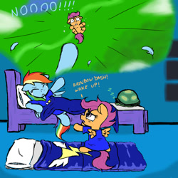 Size: 800x800 | Tagged: dead source, safe, artist:ichibangravity, rainbow dash, scootaloo, tank, pegasus, pony, adult fear, crying, nightmare, scootaloo can't fly, scootalove, sisterly love, sleeping, sleeping bag