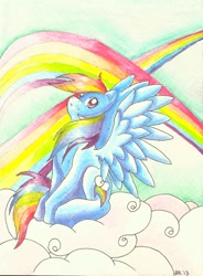 Size: 1089x1482 | Tagged: safe, rainbow dash, pegasus, pony, blue coat, female, mare, multicolored mane, solo, watercolor painting
