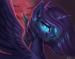 Size: 5096x4000 | Tagged: safe, artist:vell221, princess luna, alicorn, pony, absurd resolution, blood moon, fangs, female, flying, glowing eyes, grin, mare, moon, slit eyes, smiling