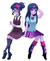 Size: 1000x1200 | Tagged: safe, artist:yanshiki, derpibooru import, sci-twi, twilight sparkle, twilight sparkle (alicorn), alicorn, equestria girls, friendship games, adorkable, boots, clothes, crossed legs, crystal prep academy, crystal prep academy uniform, crystal prep shadowbolts, cute, dork, duality, duo, glasses, looking at you, necktie, school uniform, self paradox, shoes, signature, sitting, skirt, socks, twiabetes, twolight