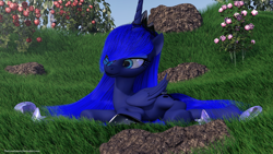 Size: 4096x2304 | Tagged: safe, artist:thelunagames, princess luna, alicorn, butterfly, pony, 3d, absurd resolution, cinema 4d, flower, grass, prone, rock, rose, sai, smiling, solo