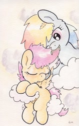 Size: 735x1162 | Tagged: safe, artist:slightlyshade, rainbow dash, scootaloo, pegasus, pony, cloud, comb, eyes closed, female, lesbian, scootadash, scootalove, shipping, traditional art