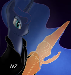 Size: 800x850 | Tagged: safe, artist:dustysculptures, princess luna, alicorn, pony, clothes, mass effect, n7, omni-blade, omni-tool, solo