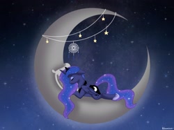 Size: 1920x1440 | Tagged: safe, artist:blossom-wish, princess luna, alicorn, pony, dreamcatcher, eyes closed, moon, pillow, prone, sleeping, solo, tangible heavenly object