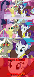 Size: 1920x4308 | Tagged: safe, derpibooru import, screencap, discord, fluttershy, rarity, twilight sparkle, twilight sparkle (alicorn), alicorn, pegasus, pony, unicorn, what about discord?, female, mare, meme, screaming, screencap comic, smiling, x internally