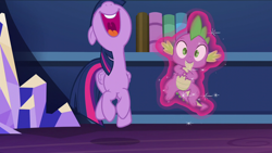 Size: 1280x720 | Tagged: safe, derpibooru import, screencap, spike, twilight sparkle, twilight sparkle (alicorn), alicorn, dragon, pony, what about discord?, female, hopping, magic, mare