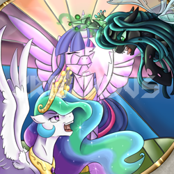 Size: 900x900 | Tagged: safe, artist:crecious, derpibooru import, princess celestia, queen chrysalis, twilight sparkle, twilight sparkle (alicorn), alicorn, changeling, changeling queen, pony, female, mare, watermark