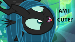 Size: 880x496 | Tagged: safe, princess cadance, queen chrysalis, alicorn, changeling, changeling queen, pony, to where and back again, adoracreepy, bronybait, creepy, cute, cutealis, faic, happy, image macro, meme, queen twistalis, talking to viewer