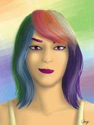 Size: 774x1032 | Tagged: safe, artist:verygood91, rainbow dash, clothes, female, humanized, multicolored hair, solo